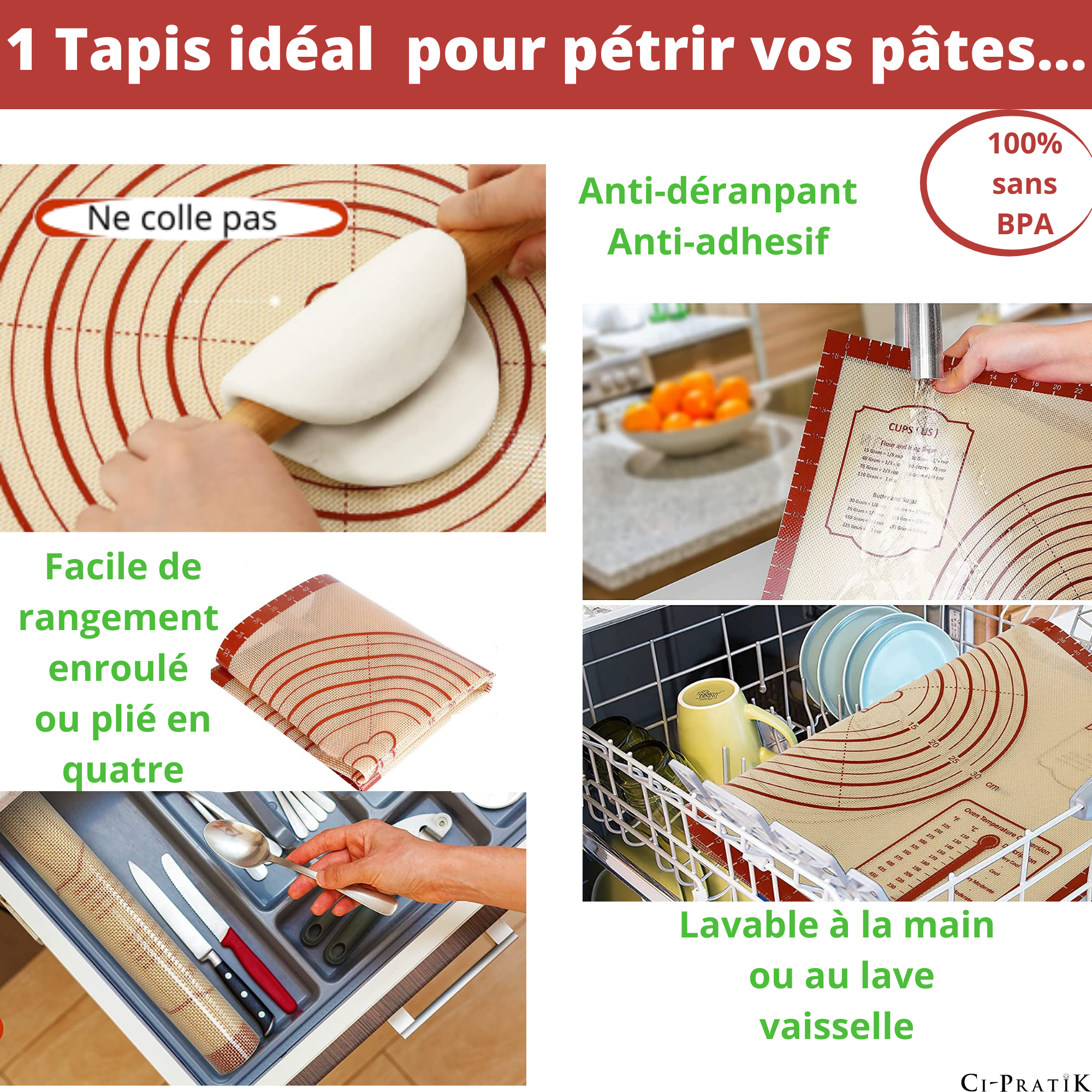 Accessoire de rangement pour cuisine，Tapis de Cuisson en Silicone  réutilisable 60 x 40 cm Peut mesurer la Taille Tapis de pâtisserie  Anti-dérapant